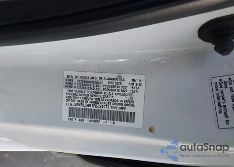 2015 Honda Odyssey Touring/Touring Elite z USA, uszkodzony, nr VIN 5FNRL5H91FB024977